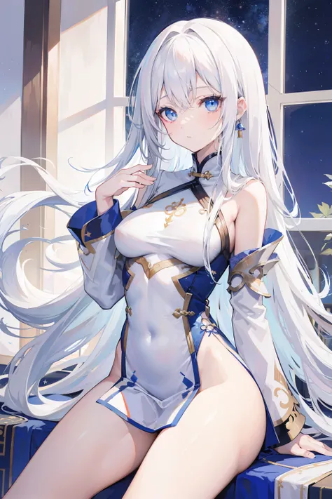 anime girl, long white hair, beautiful deep blue eyes, beautiful face, skintight white chinese dress with patterns, bare legs, by the window at night with stars outside, 8k, good anatomy, high resolution