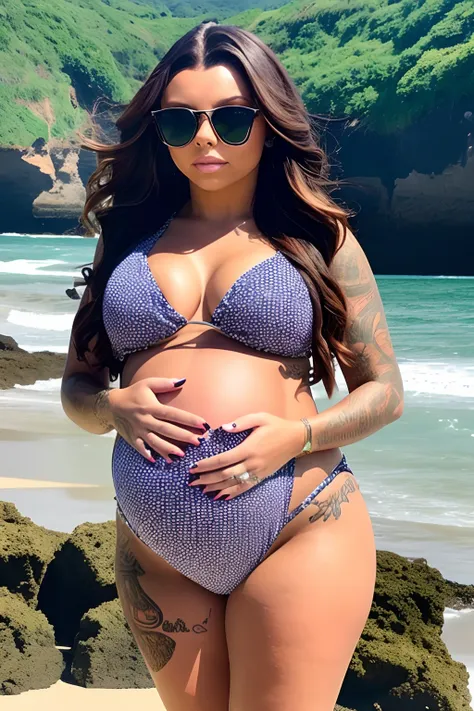 Jesy Nelson,pregnant,hand on the belly, olhando pela janela, vista pra praia,