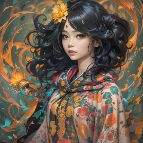 (Girl with bright black hair)(Best quality, A high resolution, Vivid colors, (Cartoon Goddess), (comic strip))Forged hammer pattern，A flowing linen cloak，oguchi，sedate，massiness，Shiny and warm