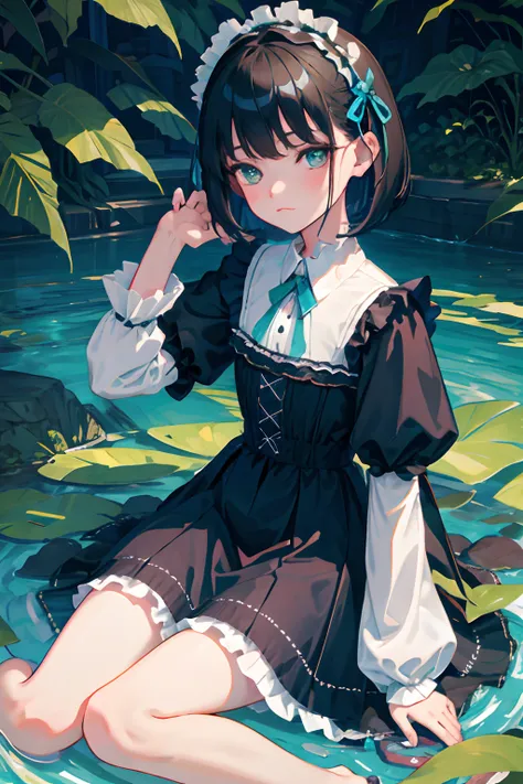 wariza，hand between legs，child，（​masterpiece，Highest Quality），shortsleeves，Blue-green Gothic Lolita，Sleepy face，A dark-haired，Medium bob，small stream