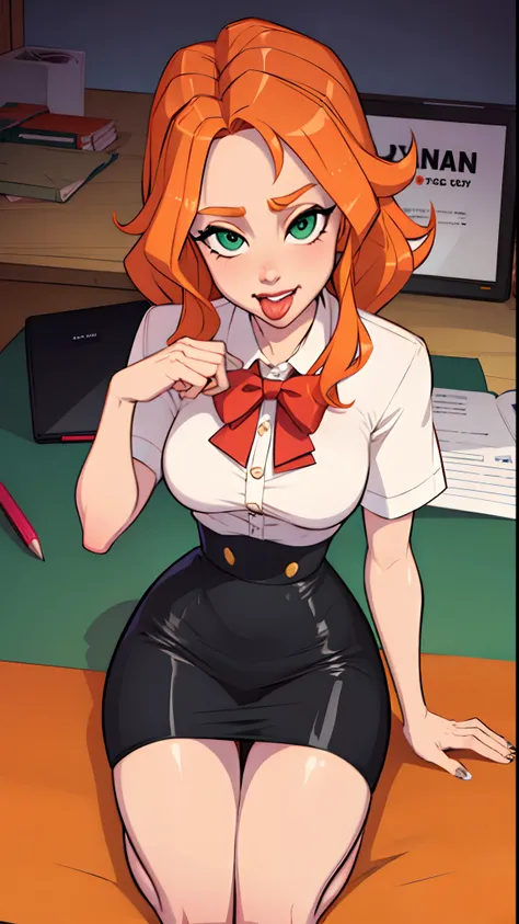 1girl, secretary, Best quality, masterpiece, cowboy shot, orange hair, green eyes, tight cloth, pencil skirt, office, kneeling, tongue out, eye rolled