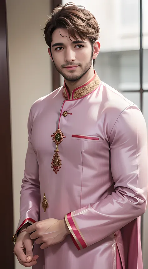 (((Men only))), ((head shot)), (Chris Redfield), ((medium hair)), ((wearing pink Indian traditional clothing)), (Kurta Pajama, Sherwani Kurta, Dhoti, Bandhgala Suit), ((Handsome muscular man in his 20s)), (Big smile), (detaile: 1 in 1), Natural muscles, HI...