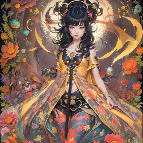 (Girl with bright black hair)(Best quality, A high resolution, Vivid colors, (Cartoon Goddess), (comic strip))Forged hammer pattern，A flowing linen cloak，oguchi，sedate，massiness，Shiny and warm