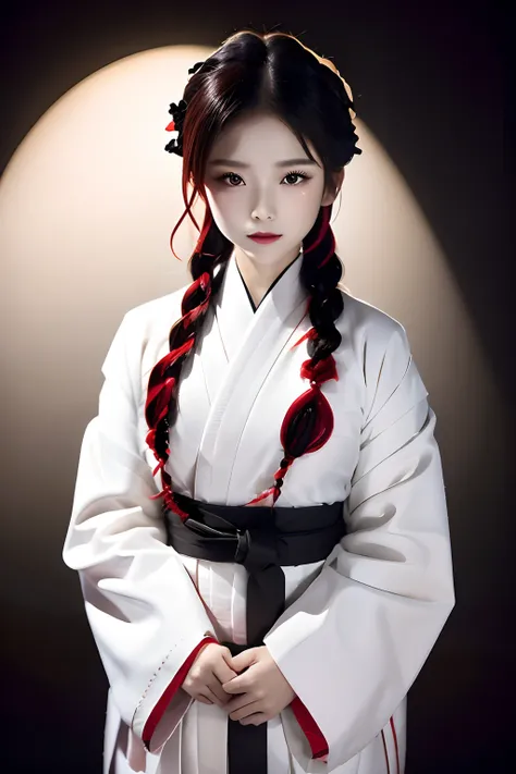 top-quality、​masterpiece、1 girl in、sixteen years old、Black background、Black background、Full Body Angle、White and black hakama、Hakama、Standing、black backgrounds、white  hair:1.5、Red Eyes、red-lips、white  clothes、Black and white world、Black and white world、lig...