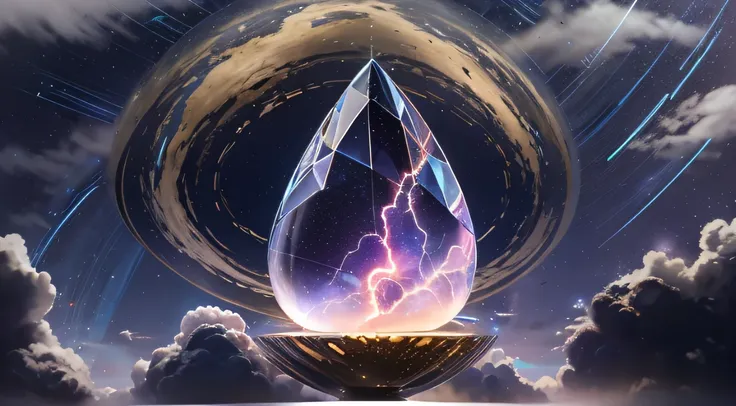 Miniature teardrop-shaped opaque crystal cosmic elliptical ship，，Skysky，dark stormy clouds，Sky full of lightning， It will be a thunderstorm，top angle：Observation from the top of the object，The top and bottom of the object can be seen。