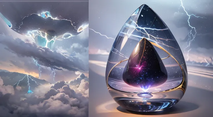 Miniature teardrop-shaped opaque crystal cosmic elliptical ship，，Skysky，dark stormy clouds，Sky full of lightning， It will be a thunderstorm，top angle：Observation from the top of the object，The top and bottom of the object can be seen。