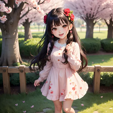 (masterpiece),(best quality),(ultra-detailed), (full body:1.2), 1girl,chibi,cute, smile, open mouth, flower, outdoors,blush, tree, :3, shirt, wavy black hair, cherry blossoms, blurry, blush stickers, long sleeves, bangs,red flower, red apples earrings, app...