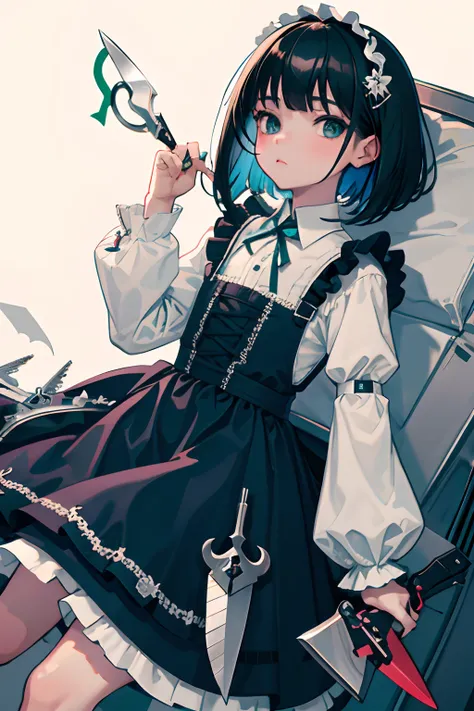 wariza，child，（​masterpiece，Highest Quality），shortsleeves，Blue-green Gothic Lolita，Sleepy face，A dark-haired，Medium bob，utility knife，Small scissors