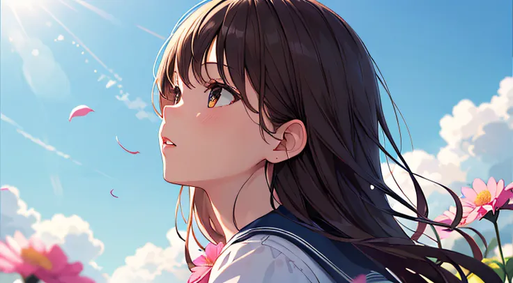 (masterpiece, best quality),1girl, solo, flower, long hair, outdoors, letterboxed, school uniform, day, sky, looking up, short s...