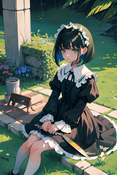 crouching down，child，（​masterpiece，Highest Quality），shortsleeves，Blue-green Gothic Lolita，Sleepy face，A dark-haired，Medium bob，utility knife，Small scissors