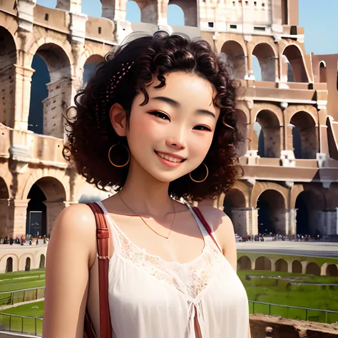 An Italian Chinese brown curly haired girl smiles confidently at the Colosseum