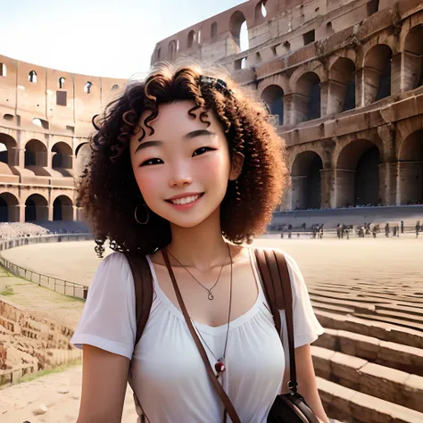 An Italian Chinese brown curly haired girl smiles confidently at the Colosseum