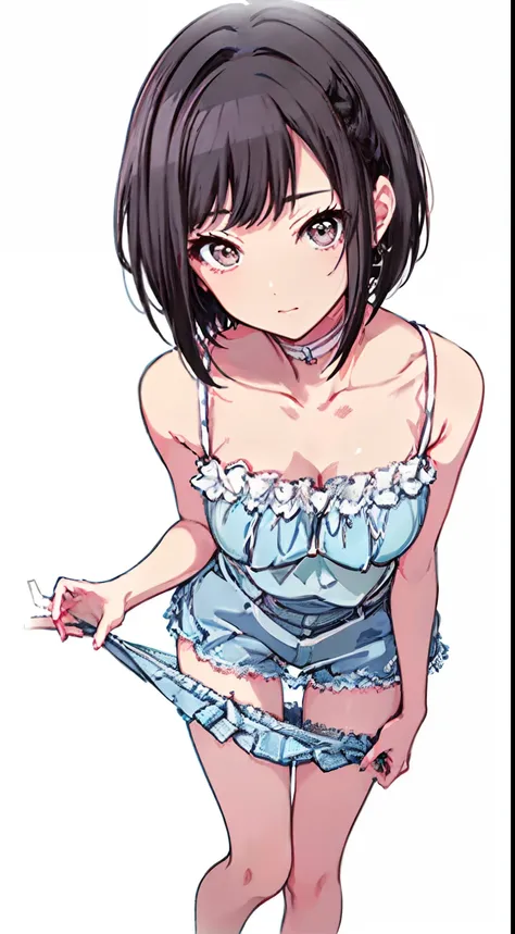 (Light blue camisole　Pull up your skirt to show your panties　Gravure Pose　Very detailed down to the smallest detail　clear outlines　Beautiful face　Beautiful skin)  thin-waist　A slender　ribbed　skinny limbs　teats　cleavage of the breast　Beautiful breasts　a sho...