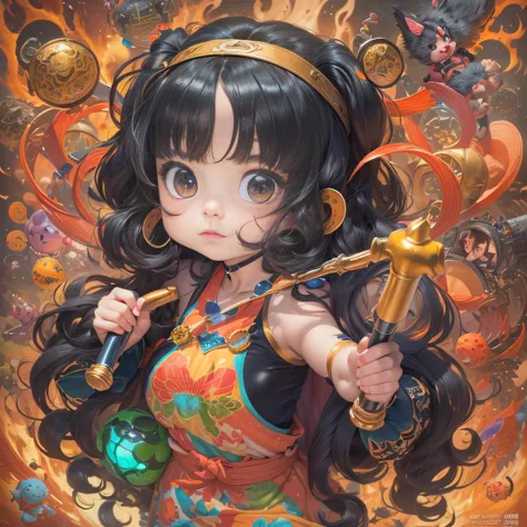 (Girl with bright black hair)(Best quality, A high resolution, Vivid colors, (Cartoon Goddess), (comic strip))Forged hammer pattern，Big belly，oguchi，sedate，massiness，Shiny and warm