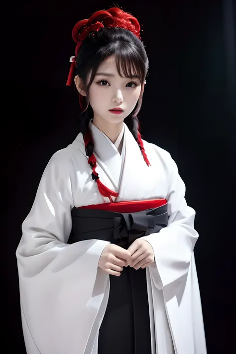 top-quality、​masterpiece、1 girl in、sixteen years old、black background、black background、full body angle、white and black hakama、ha...