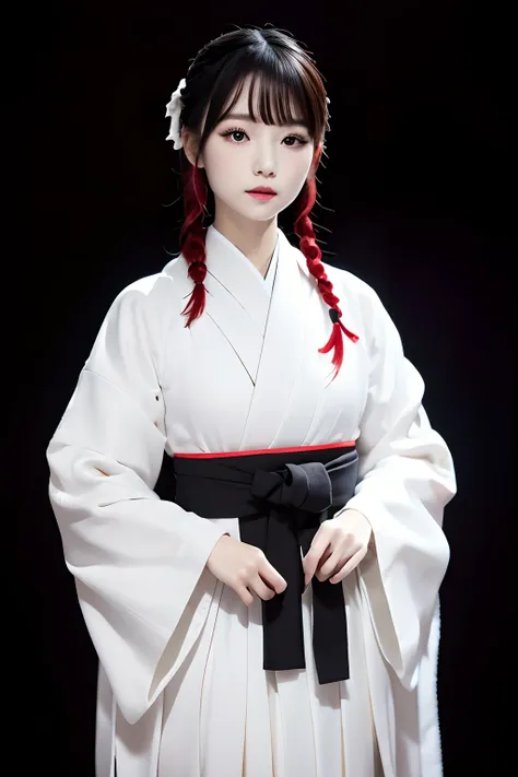 top-quality、​masterpiece、1 girl in、sixteen years old、Black background、Black background、Full Body Angle、White and black hakama、Hakama、Standing、black backgrounds、white  hair:1.5、Red Eyes、red-lips、white  clothes、Black and white world、Black and white world、lig...