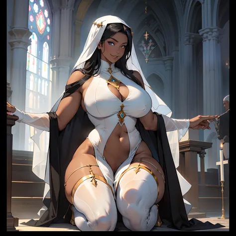 (high resolution, The pixels are perfect, luxurious illustration), (hyper qualit, Masterpiece, Ethereal: 1.4), (((Transparent Tabad:1.4)))，nun,(((Completely naked )))，((in church))，((lying))， (one leg up),((Naked Carmelto))，Mature female，Black areola,femal...