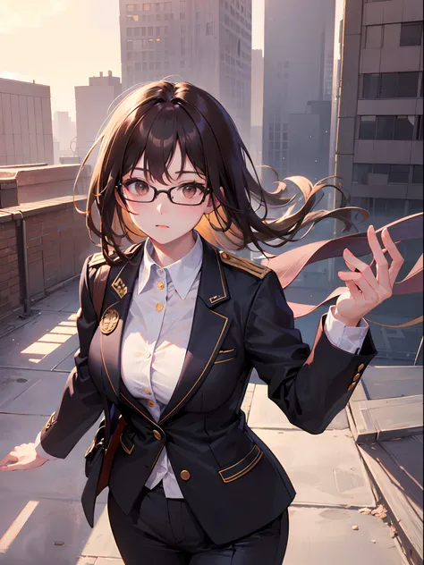 1 female、brown haired、Brown eyes、Black-rimmed glasses、Best Quality、ultra-detailliert、8K resolution、Raw photo、masutepiece、gorgeous faces、Perfect body、Blazer Uniform、On the rooftop