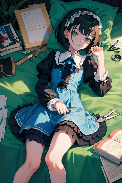 hand between legs，child，（​masterpiece，Highest Quality），shortsleeves，Blue-green Gothic Lolita，Sleepy face，A dark-haired，Medium bob，utility knife，Small scissors