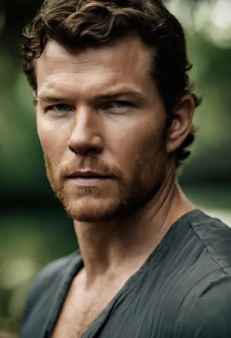 side view: Cria uma imagem do ator. Sam Worthington com armadura, escudo dourado, Espada brilhante e um capacete dourado. . Imagem de longe. hes on an island. Noite. Escuro, darkeness, caverna escura, darkeness, darkeness.