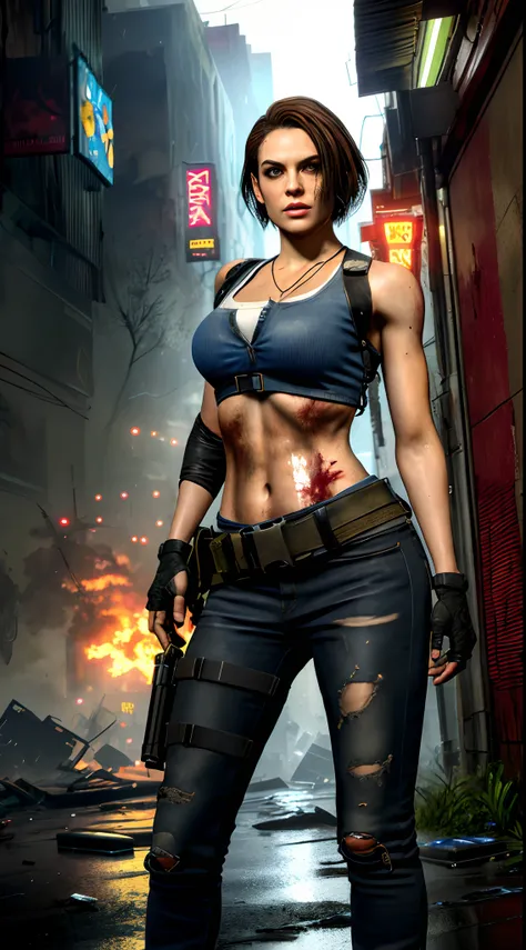 jillre3,youthful,jr3 outfit,flat stomach,jr3 equipment,fighting stance,character,video game,short hair,(((damaged clothes))), gigantic breasts,slim waist,wide hips,high waist,serious expression,hard nipple,breasts about to burst of her clothing,dead rising...