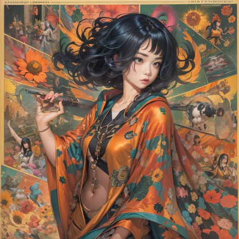 (Girl with bright black hair)(Best quality, A high resolution, Vivid colors, (Cartoon Goddess), (comic strip))Forged hammer pattern，belly-bar，oguchi，Flowing linen cape，sedate，massiness，Shiny and warm