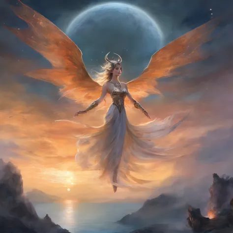 ((best quality)), ((masterpiece)), (detailed), alluring succubus, ethereal beauty, perched on a cloud, (fantasy illustration:1.3), enchanting gaze, captivating pose, delicate wings, otherworldly charm, mystical sky, (Luis Royo:1.2), (Yoshitaka Amano:1.1), ...