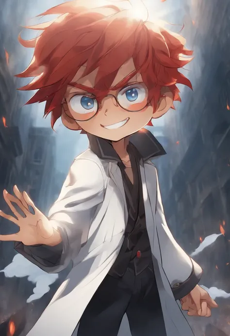 (a detailed picture,high quality,A boy with fiery blue hair, wearing a white coat, with glowing red eyes, and a wise expression, standing in a distorted city. The boy is about 100 years old, and his eyes have a dead, intense stare. He is surrounded by soul...