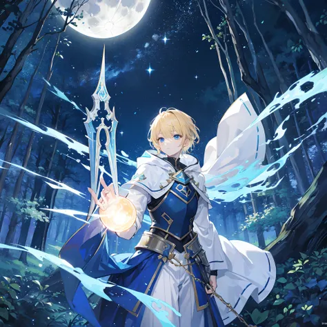 Huge amount of magic aura gathers around the hand of a man in short blonde hair, blue armour, magic blade, in a forest, moon shining in the starry sky