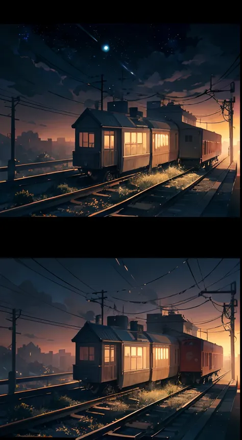 High quality masterpiece ，scenecy，Anime train passing through bodies of water on tracks， Glittering starry sky。Romantic train，pixiv，concept-art，Lofi art style，Reflectors。 by makoto shinkai, lofi art, beautiful anime scenes, Anime landscapes, Detailed scene...