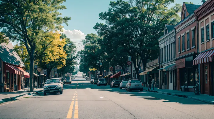 a small, simple town, charming, on a beautiful, sunny day, where time has not passed, with cinematic lighting, Unreal Engine 5, cinematic style, color grading, Editorial Photography, Photoshoot, captured using a 70mm lens, depth of field (DOF), Tilt Blur, ...