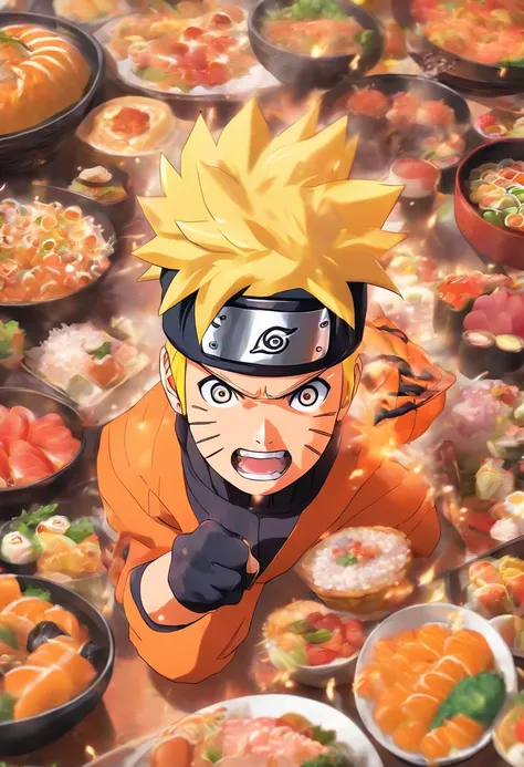 "Generate an image of Naruto Uzumaki from the anime series Naruto, enthusiastically participating in a colorful and delicious mukbang feast, surrounded by an assortment of mouthwatering dishes from various cuisines."