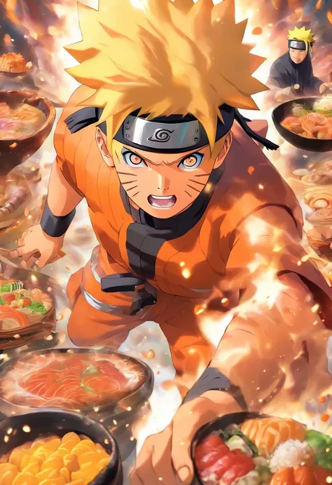 "Generate an image of Naruto Uzumaki from the anime series Naruto, enthusiastically participating in a colorful and delicious mukbang feast, surrounded by an assortment of mouthwatering dishes from various cuisines."