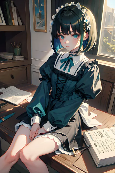 hand between legs，child，（​masterpiece，Highest Quality），shortsleeves，Blue-green Gothic Lolita，Sleepy face，A dark-haired，Medium bob，utility knife，Small scissors，artistic