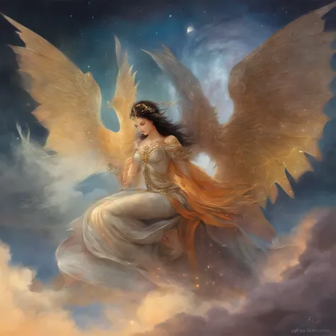 ((best quality)), ((masterpiece)), (detailed), alluring succubus, ethereal beauty, perched on a cloud, (fantasy illustration:1.3), enchanting gaze, captivating pose, delicate wings, otherworldly charm, mystical sky, (Luis Royo:1.2), (Yoshitaka Amano:1.1), ...