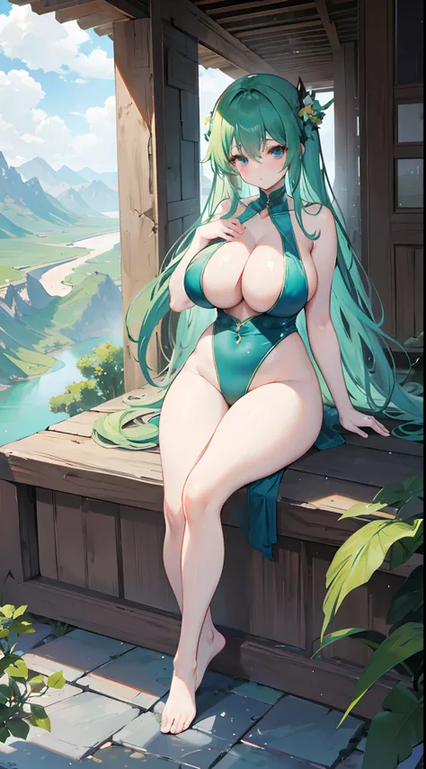 Stone corridor outside the cliff，Vista of an artificial lake，Dunhuang Temple，long hair，gigantic breasts，Plump thighs，Full body like，Green slingshot swimsuit，,no shoes,Stand at the edge of the corridor and gaze out at the view，Heavy rainy days,