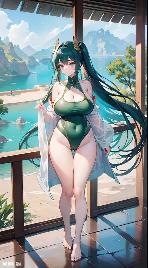 Stone corridor outside the cliff，Vista of an artificial lake，Dunhuang Temple，long hair，gigantic breasts，Plump thighs，Full body like，Green slingshot swimsuit，,no shoes,Stand at the edge of the corridor and gaze out at the view，Heavy rainy days,