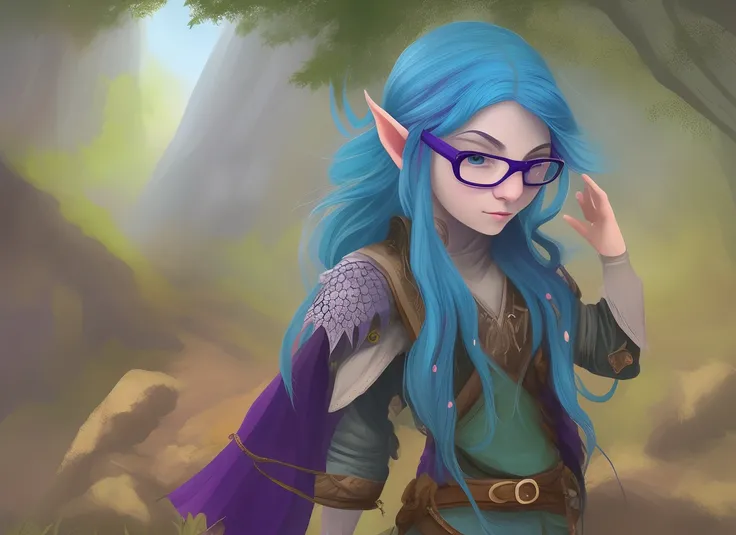 Cute elven guy with blue hair and purple eyes is very gentle and looks like a young girl, wears glasses and a cute purple sweater that has a bare shoulder. Looks embarrassing. He has long hair that is tucked into a ponytail