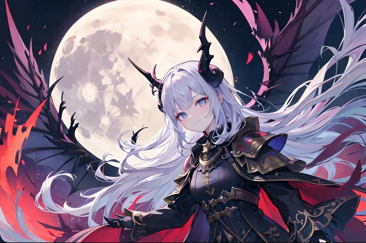 A charm demon with horns and wings in armour, smug face expression, in a forest, moon shining in the starry sky