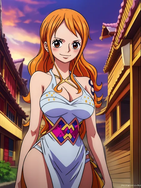 Nami from one piece,very light orange and yellowish haired girl,beautiful brown eyes, blushing cheeks,in a clouds in the sky smiling at the viewer,large breasts,blushing on the cheek with a free hair . She should be wearing a ancient greek clothes outfit.T...