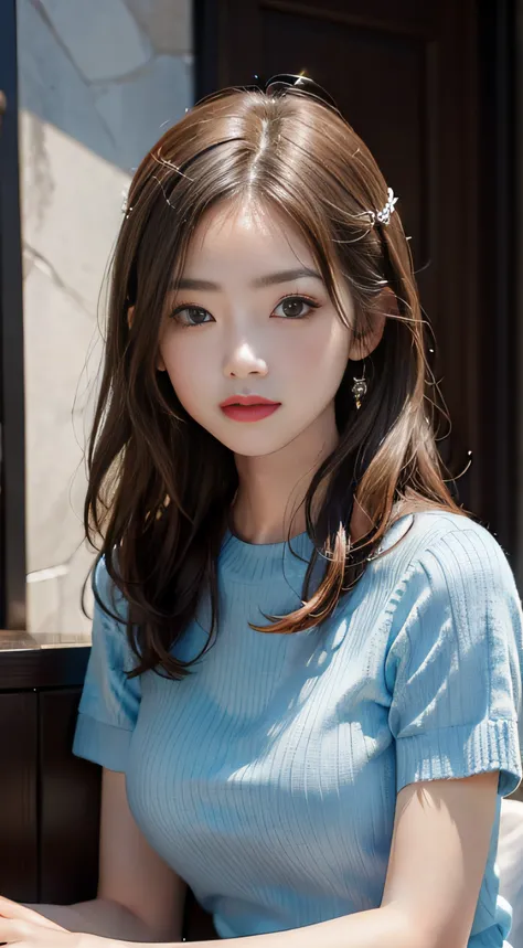 ​masterpiece、Top image quality:1.2、((beautiful young woman with))、Transparent skin:1.2、{A slight smil}、(kawaii)、Short sleeve knit、luxury hotel、depth of fields