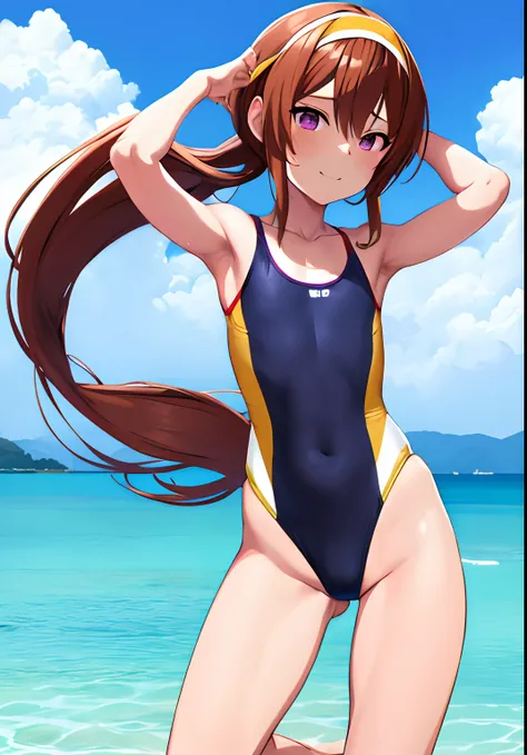 Anime boy in swimsuit, Long twin-tailed brown-haired boy, Boy with long two-sided brown hair, Boy with Purple Eyes, wearing a swimming wear, Swimsuit, Wet swimsuit, Seductive Anime Boy, garments:High-cut swimwear, Cool anime boy in black and yellow tanksui...