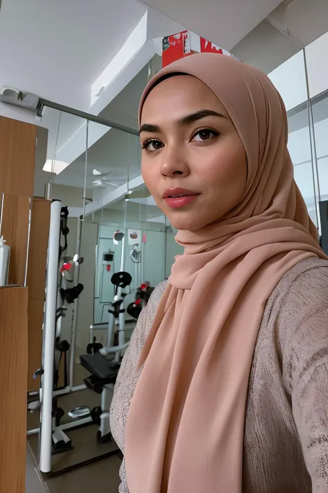 photo of  malay girl wearing hijab, gym outfit, at the gym, (((big breasts, cleavage))),(((sexy midriff))), ((hourglass figure)), ((pastel color hijab)), lipstick, photorealistic, masterpiece, realistic, realism, photorealism, high contrast, photorealistic...