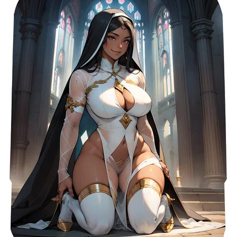 (high resolution, The pixels are perfect, luxurious illustration), (hyper qualit, Masterpiece, Ethereal: 1.4), (((Transparent Tabad:1.4)))，nun,(((Completely naked ))),all fours，(in church),((Naked Carmelto))，Mature female，Black areola,female pubic hair，(((...