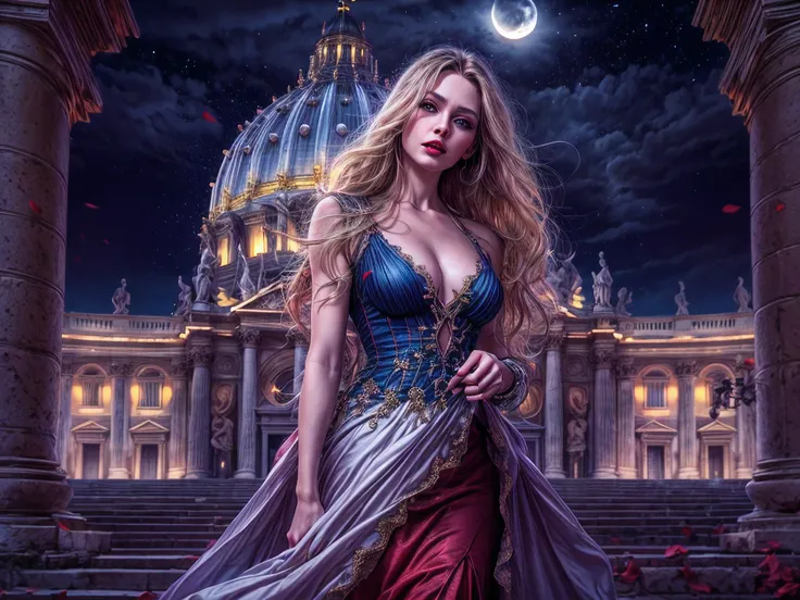 fantasy art, RPG art, photograph, RAW, (Ultra detailed: 1.5), Best Detailed, picture of a vampire standing in St. Peter in the Vatican, an exquisute beautiful woman, pale skin, red lips, vampiric fangs, blood veins visible, blond hair, long hair, wavy hair...