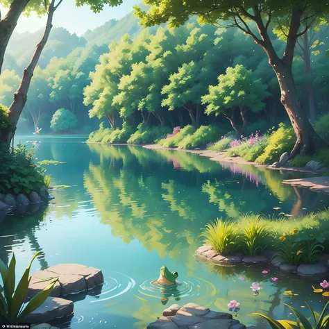 Paint a quiet and peaceful lake, Surrounded by lush greenery、Colorful plants. In one of the banks, A small frog sits, Happy and satisfied. Around the lake, There are other friendly animals，Like birds singing, butterfliesdancing，The dragonfly buzzed. to cre...