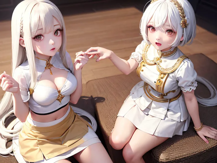 top-quality、​masterpiece、white  hair、Gold Eye、white  clothes、look up to、Hair strands、light skinned、Side braid、(a short skirt:1.5), 2 girls, Beautiful breasts, Full body,Beautiful ,upturned breasts,