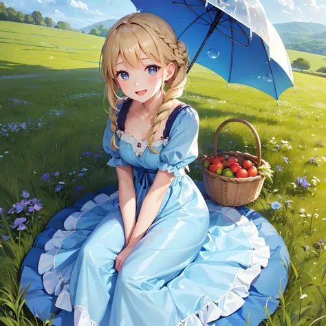 finest image, cute woman, pick the fruits and put them in the basket, laugh, happy, shy, light blonde glossy updo braided iridescent hair style, sparkling blue big eyes, great proportion, medieval dress, background meadow on the hill, clear skies, sun and ...