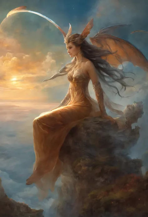 ((best quality)), ((masterpiece)), (detailed), alluring succubus, ethereal beauty, perched on a cloud, (fantasy illustration:1.3), enchanting gaze, captivating pose, delicate wings, otherworldly charm, mystical sky, (Luis Royo:1.2), (Yoshitaka Amano:1.1), ...