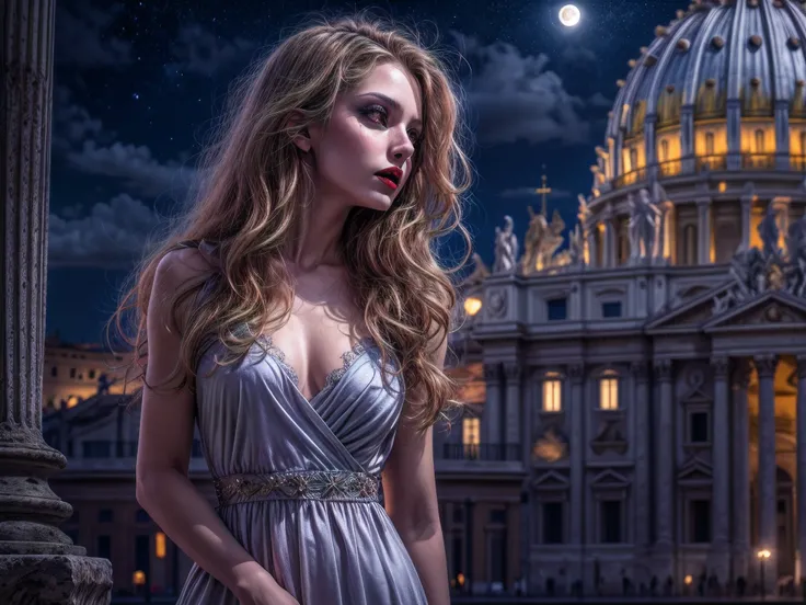 fantasy art, RPG art, photograph, RAW, (Ultra detailed: 1.5), Best Detailed, picture of a vampire standing in St. Peter in the Vatican, an exquisute beautiful woman, full body, pale skin, red lips, vampiric fangs, blood veins visible, ultra feminie,blond h...